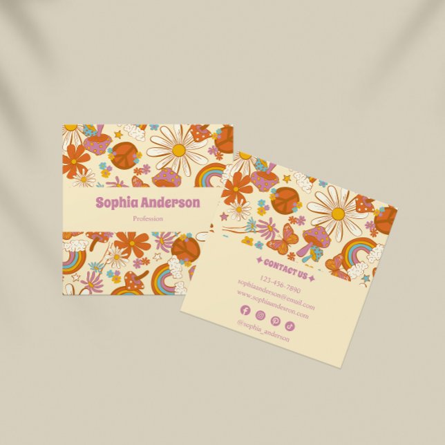 Boho Retro Business Card with Pastel 70s Floral  (Creator Uploaded)