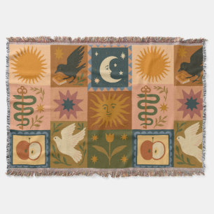 Boho Retro Celestial Sun Moon  Throw Blanket