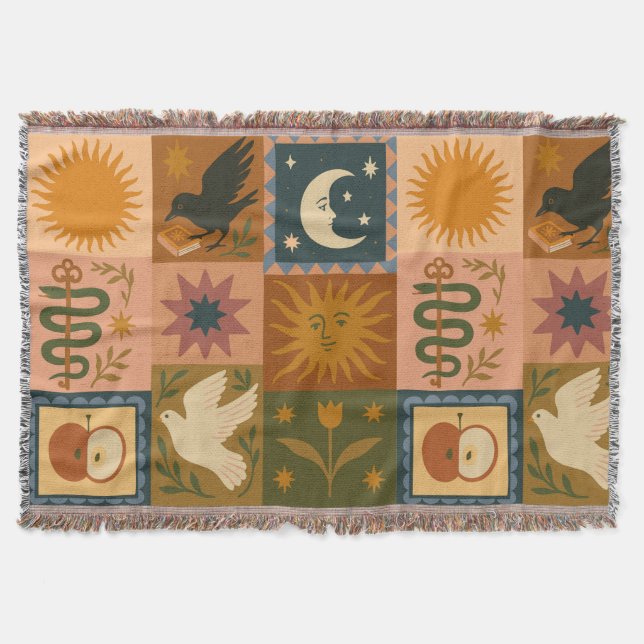 Boho Retro Celestial Sun Moon  Throw Blanket (Front)
