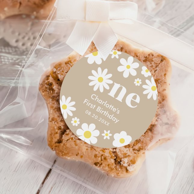 Boho Retro Daisy 1st Birthday Classic Round Sticker (Creator Uploaded)