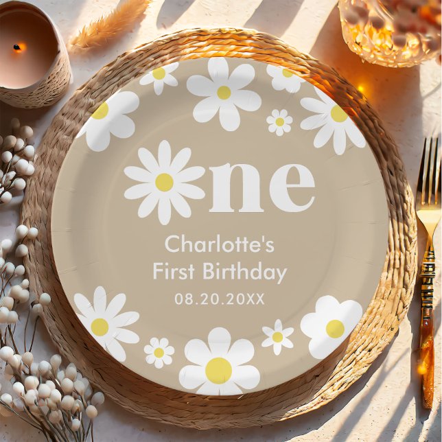 Boho Retro Daisy 1st Birthday Paper Plate (Creator Uploaded)