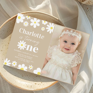 Boho Retro Daisy 1st Birthday Photo Invitation