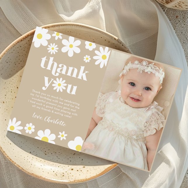 Boho Retro Daisy Birthday Photo Thank You Card (Creator Uploaded)