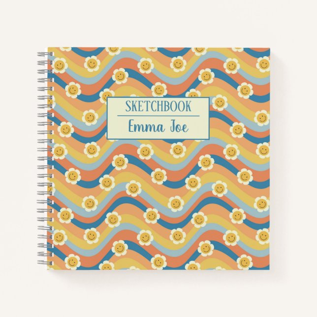 Boho Retro Daisy Flowers Personalised Sketchbook Notebook (Front)