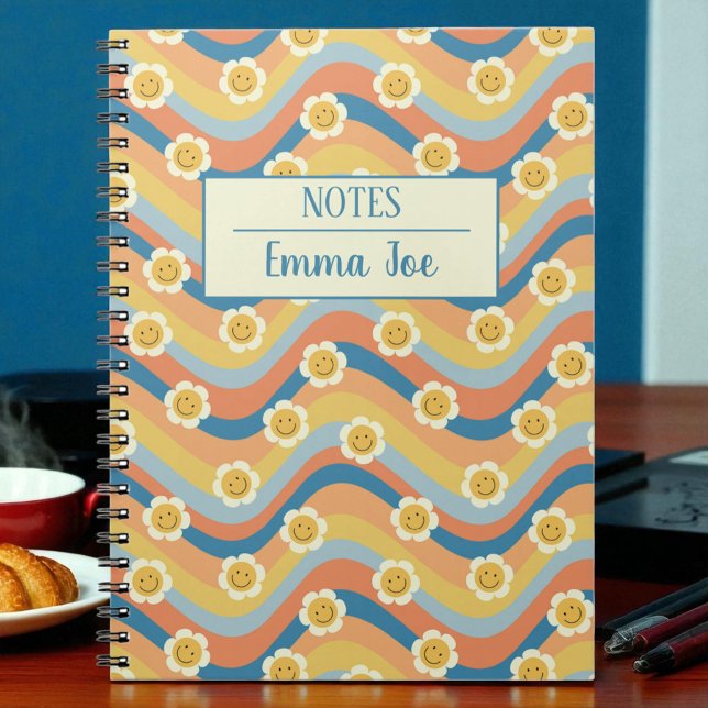 Boho Retro Daisy Flowers Personalised with Name Notebook (Creator Uploaded)