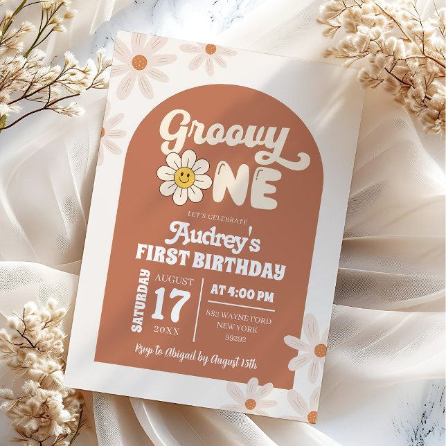 Boho Retro Daisy Groovy One First Birthday Invitation (Creator Uploaded)
