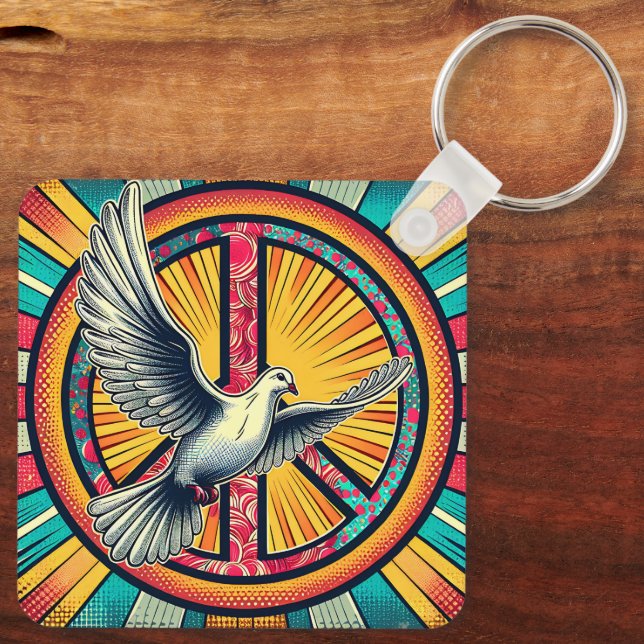 Boho Retro Dove and Peace Sign Key Ring (Back)