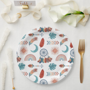 Boho Retro Drawings Pattern Paper Plate