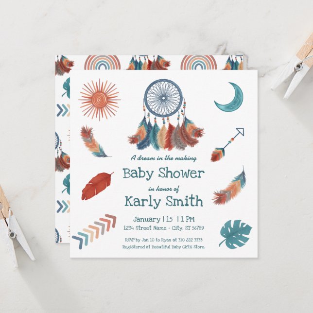 Boho Retro Dreamcatcher Baby Shower Invitation (Front/Back In Situ)