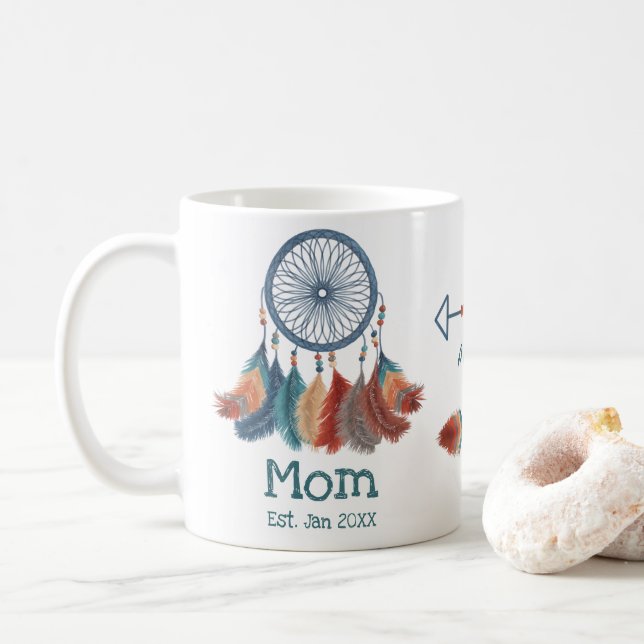 Boho Retro Dreamcatcher Mum Established Date Coffee Mug (With Donut)