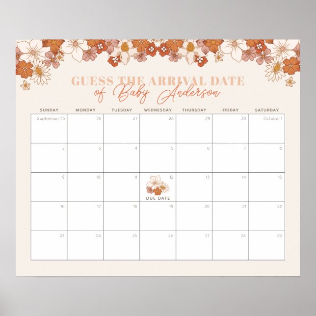 Boho Retro Floral Baby Guess The Due Date Calendar Poster (Front)