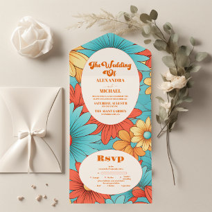 Boho Retro  Floral Wedding All In One Invitation