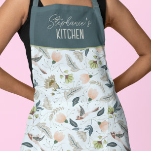 Boho Retro Flower And Birds Pattern Name Apron