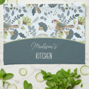 Boho Retro Flower And Birds Pattern Name Tea Towel
