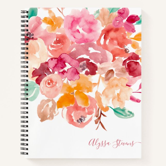 Boho retro flowers floral watercolor pattern notebook (Front)