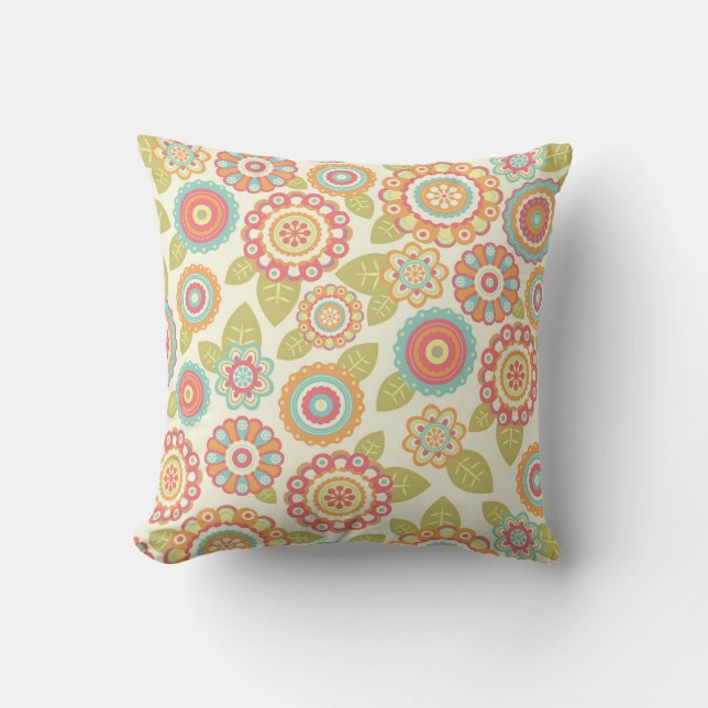 Boho Retro Funky Flowers Floral Pattern (Cream) Cushion (Front)