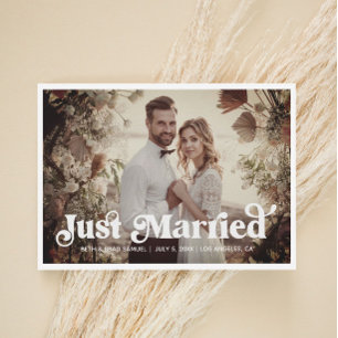 Boho Retro Just Married Photo Announcement Card