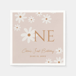 Boho Retro Light Brown Daisy Floral First Birthday Napkin