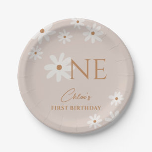 Boho Retro Light Brown Daisy Girl First Birthday Paper Plate