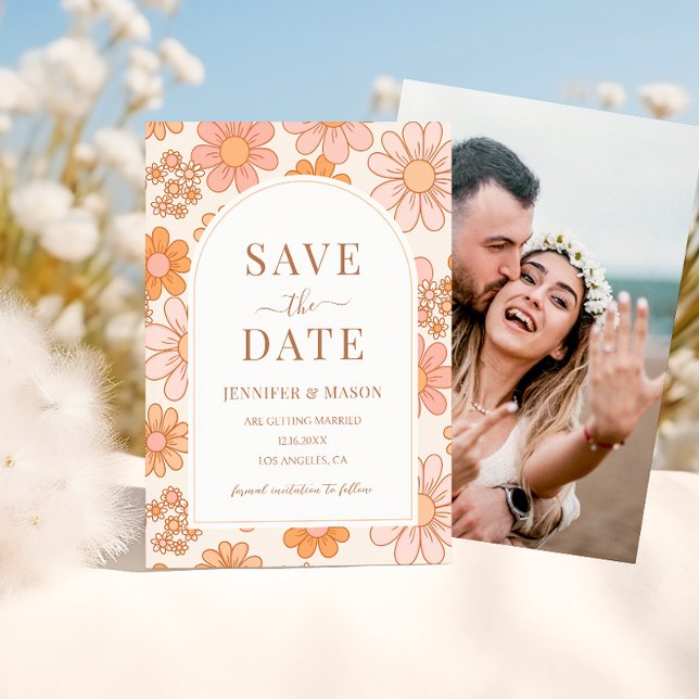 Boho Retro Orange Daisy Floral Save The Date Photo Invitation (Creator Uploaded)