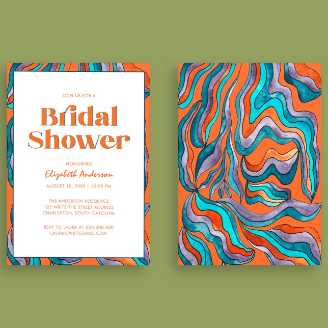 Boho Retro Orange Typography Wavy Bridal Shower Invitation (Front and Back)