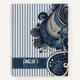 Boho Retro Paisley Blue Stripes Idea Notebook