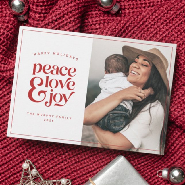 Boho Retro Peace Love Joy Photo Christmas Card (Creator Uploaded)