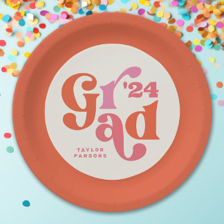 Boho Retro Pink And Orange Graduation Paper Plate