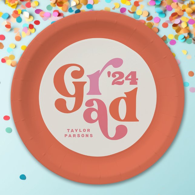  Boho Retro Pink And Orange Graduation  Paper Plate (Creator Uploaded)