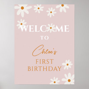Boho Retro Pink Daisy Floral Girl Birthday Welcome Poster