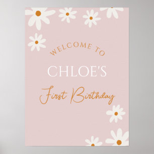 Boho Retro Pink Daisy Girl First Birthday Welcome Poster