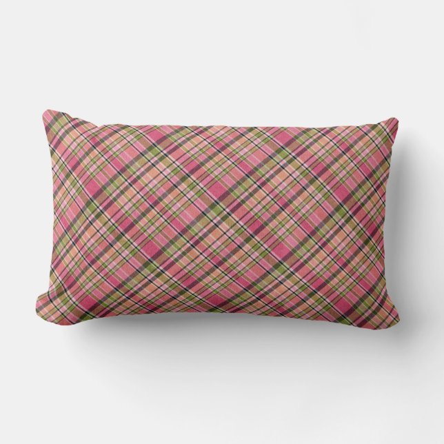 Boho Retro Pink/Green Plaid Coordinating Lumbar Cushion (Front)