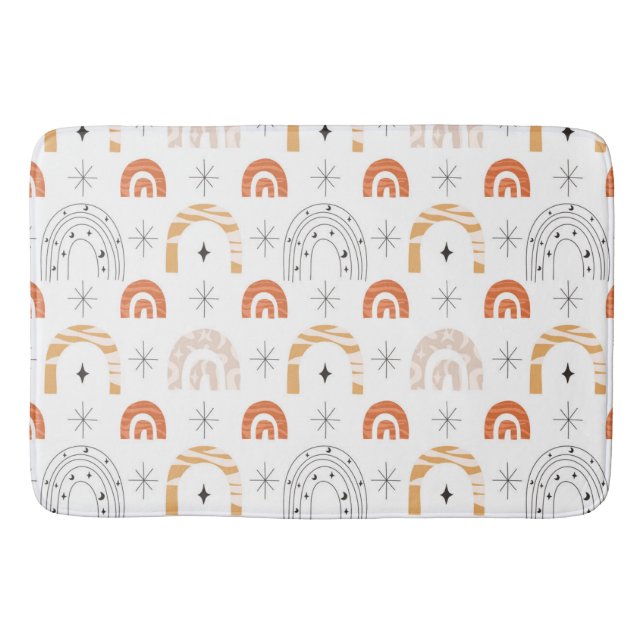 Boho retro rainbow line art moon stars bath mat (Front)
