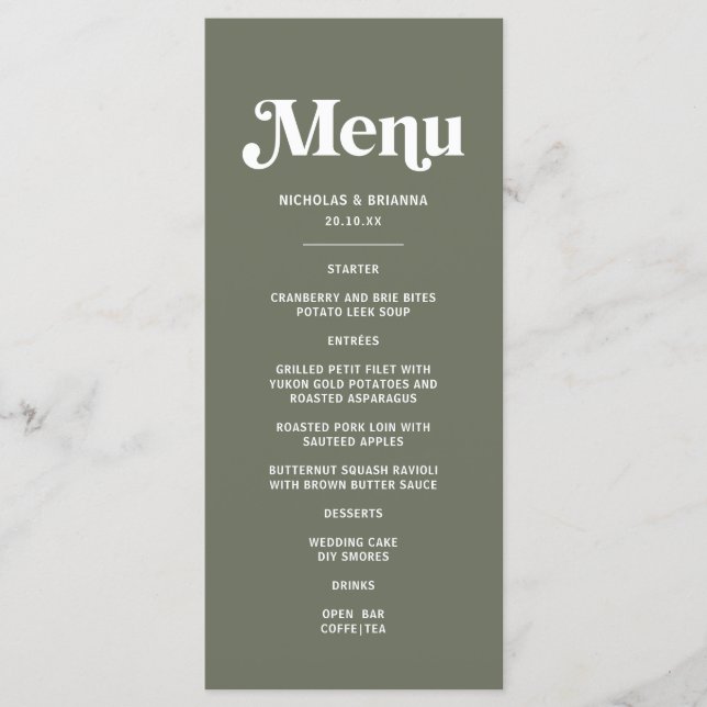 Boho Retro Sage Green Wedding  Menu (Front)
