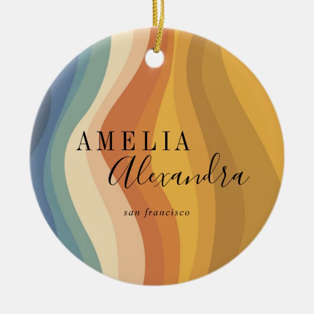 Boho Retro Script Abstract Wavy Lines Yellow Blue Ceramic Ornament (Front)