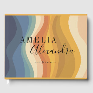 Boho Retro Script Abstract Wavy Lines Yellow Blue Guest Book