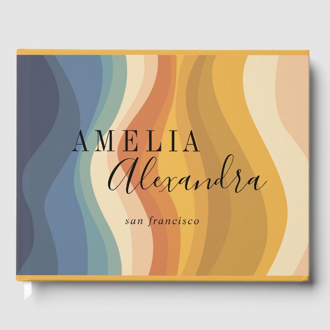 Boho Retro Script Abstract Wavy Lines Yellow Blue Guest Book (Front)
