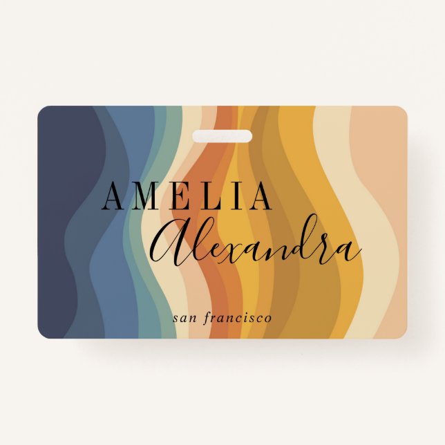 Boho Retro Script Abstract Wavy Lines Yellow Blue ID Badge (Front)