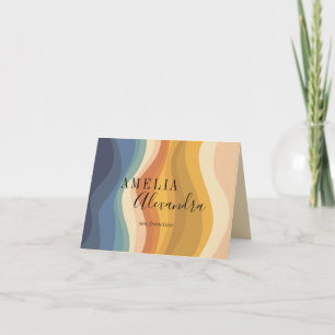 Boho Retro Script Abstract Wavy Lines Yellow Blue Thank You Card