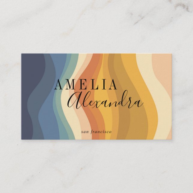 Boho Retro Script Abstract Wavy Lines Yellow QR  Business Card (Front)