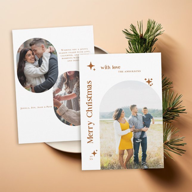 Boho Retro Stars Minimalist Photo Christmas Family Holiday Card (family christmas card photo collage minimalist elegant earthy terracotta boho arch vintage stars 60s)