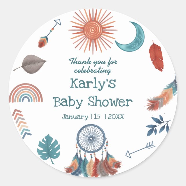 Boho Retro Sun Moon Baby Shower Thank You Classic Round Sticker (Front)
