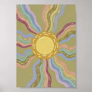 Boho Retro Sun & Muted Rainbow Rays Minimalist Art Poster