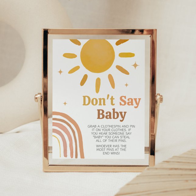 Boho Retro Sunshine Baby Shower Don't Say Baby Poster (Here Comes the Sun Baby Shower Don't Say Baby Sign)