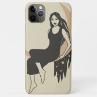Boho retro woman stars long hair crescent moon