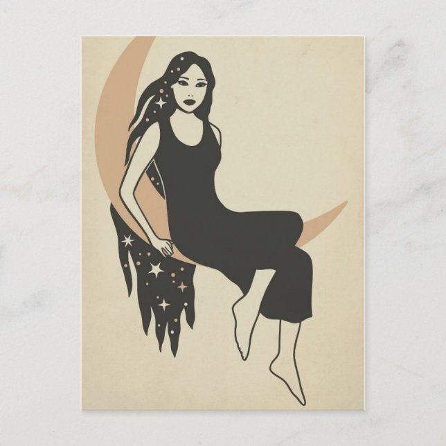 Boho retro woman stars long hair crescent moon  postcard (Front)