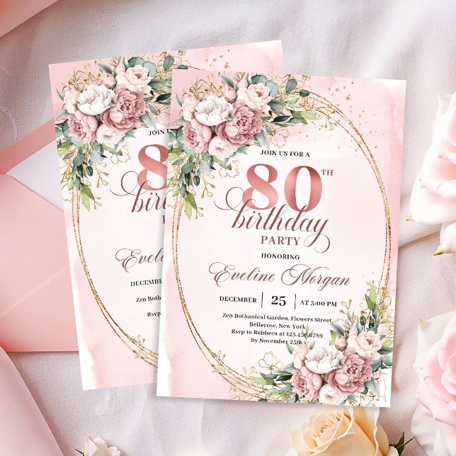 Boho Romantic Blush Pink Floral Gold 80th Birthday Invitation (Boho Romantic Blush Pink Floral Gold 80th Birthday Invitation)