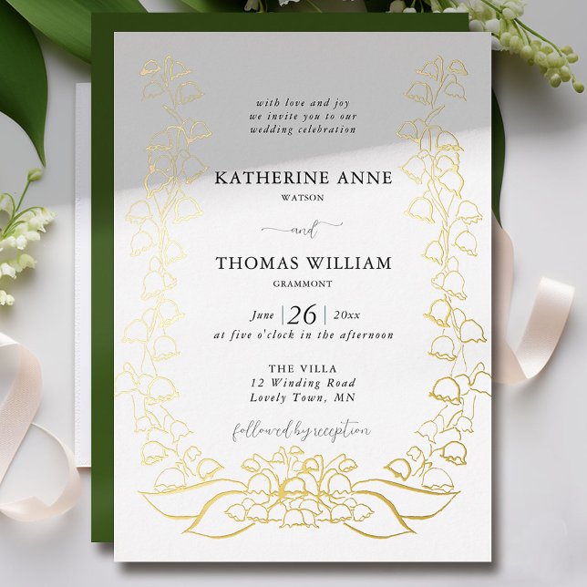 Boho Romantic Floral Sketch Lily of Valley Wedding (lily of the valley wedding invitation boho romantic casual formal elegant gold foil floral sketch)