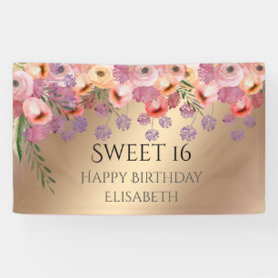 Boho romantic watercolor floral  sweet 16 party banner