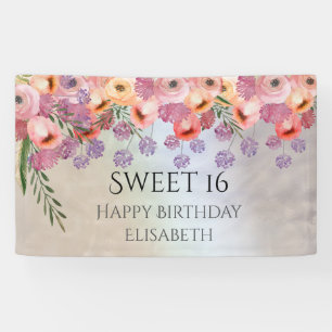 Boho romantic watercolor floral  sweet 16 party banner